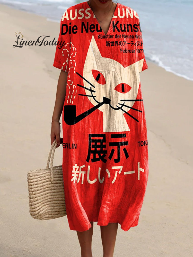 Women&rsquo;s Vintage Cat Art Print Flowy Dress Multicolor / S