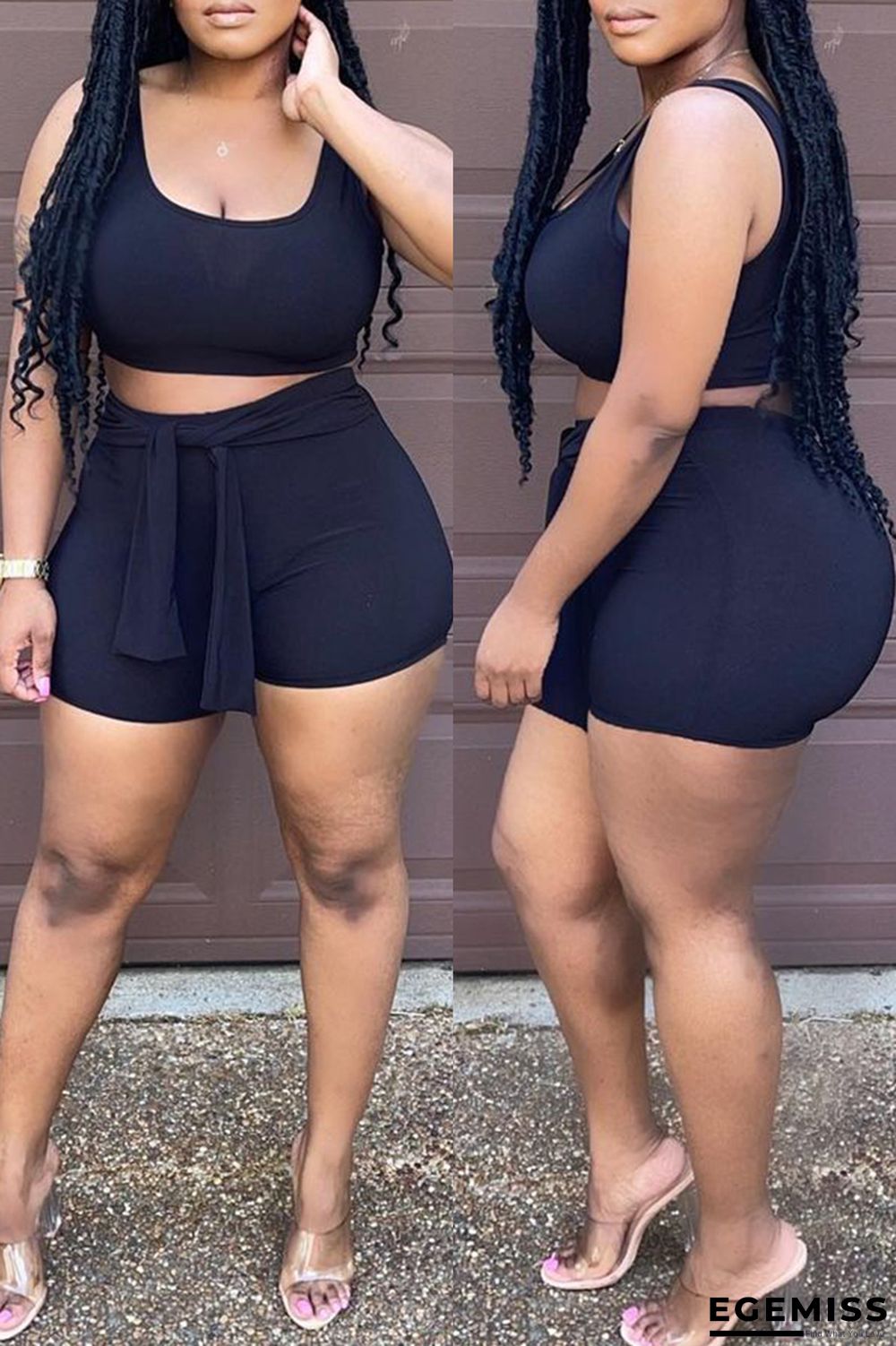 Black Fashion Casual Solid Bandage U Neck Sleeveless Two Pieces | EGEMISS