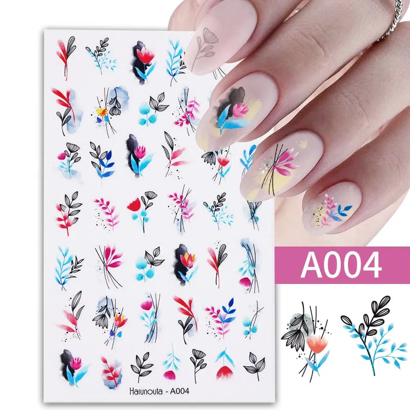 Harunouta Marble Blooming 3D Nail Sticker Decals Flower Leaves Transfer Water Sliders Abstract Geometric Lines Nail Watermark