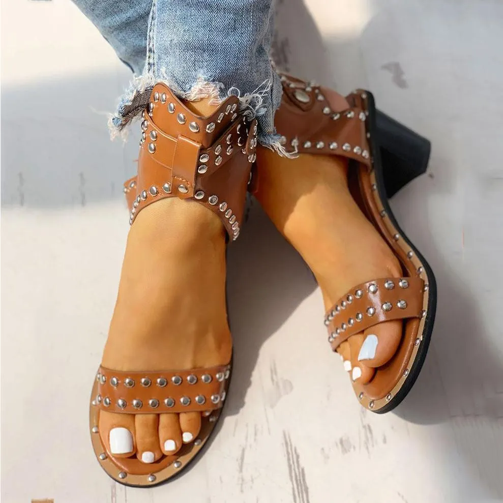 Open Toe Rivet Chunky Heeled Sandals For Women
