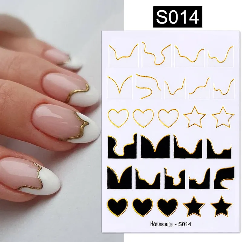 Harunouta Gold Flower Leaves Water Decals Slider Lines Geometrics Spring Summer Nail Art Transfer 3D Stickers DIY Watermarks-Nail Inspo