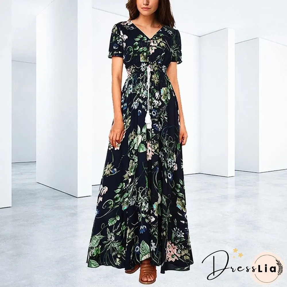 Summer Fashion Womens Bohemian V Neck Print Big Swing Long Dress Plus Size