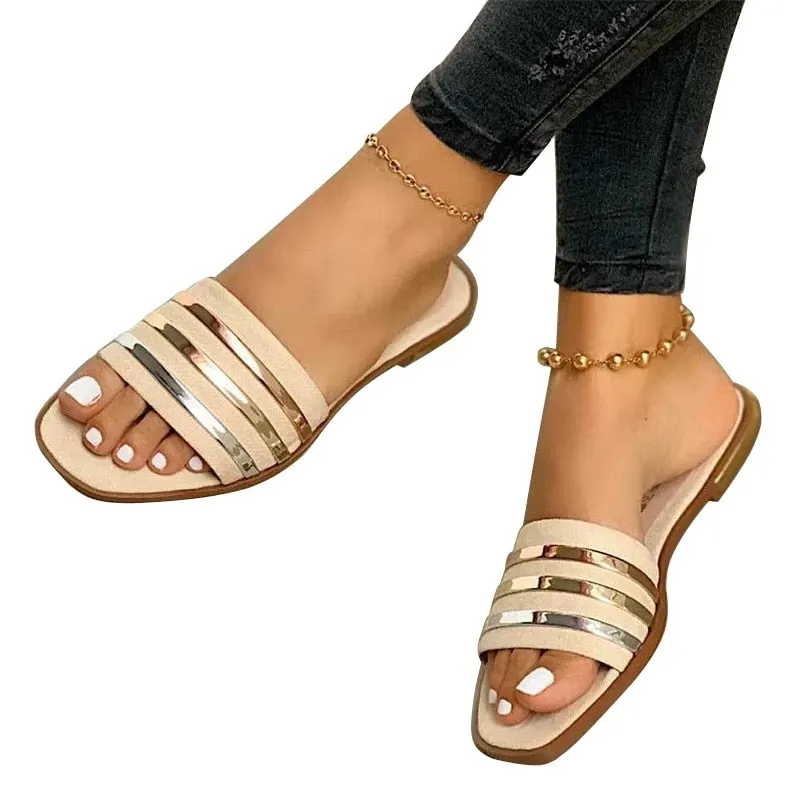 Ladies Slippers Beach Summer Shoes 2021 New Women Slip On Bling Gold Flat Slides Outdoor Shoes Female Casual Sandals Plus Size43