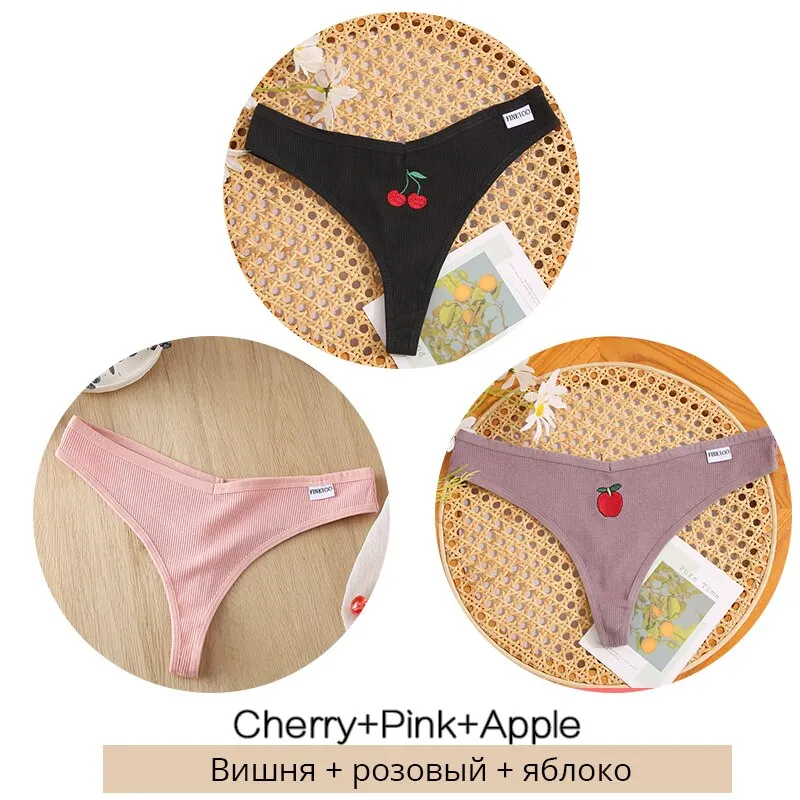 FINETOO 3Pcs/set Cotton Thongs Women Fruit Embroidery G-string Panties M-XL Low Waist T-back Underpants Ladies Underwear Panty