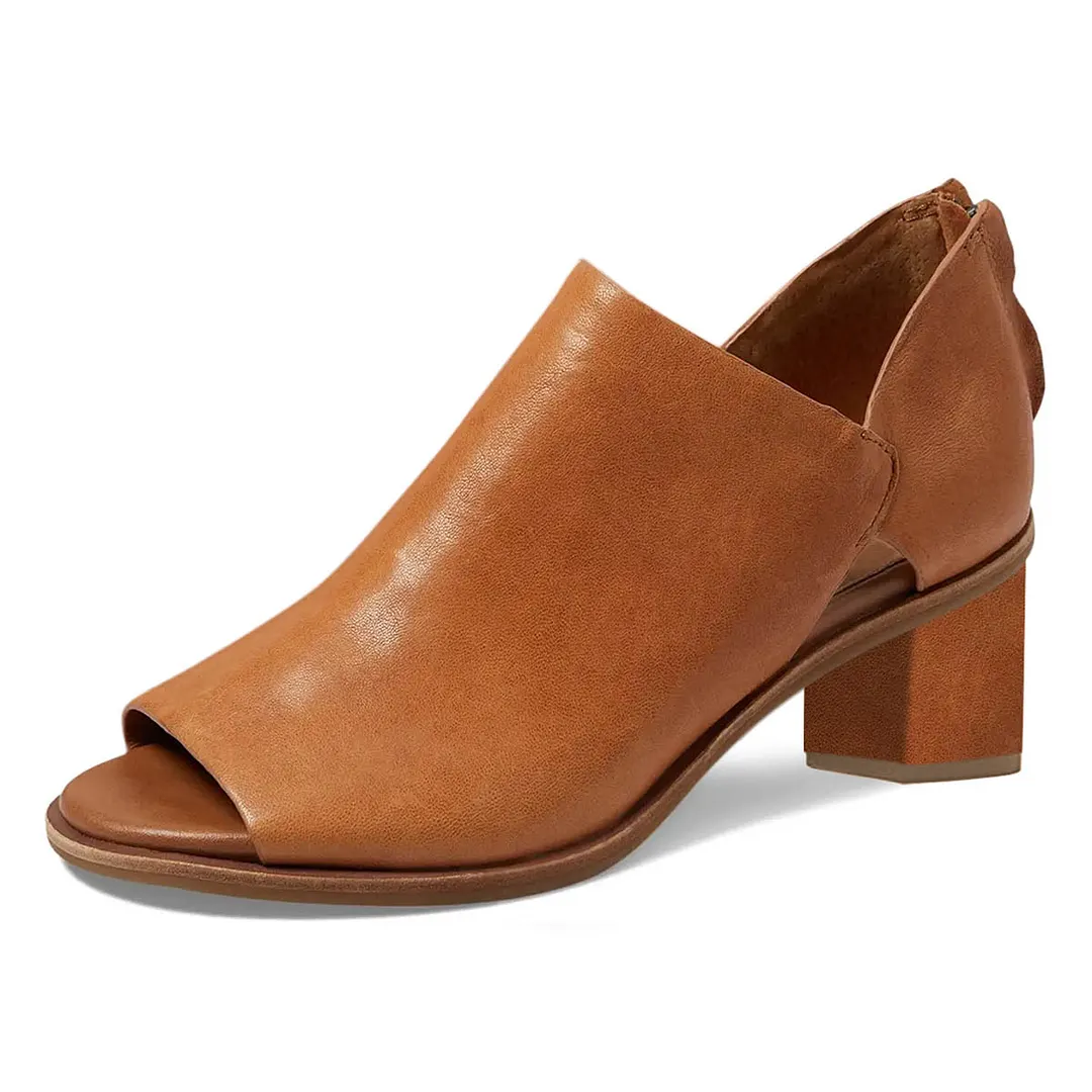 Tan Peep Toe Block Heel Cut-Out Ankle Boots with Back Zipper