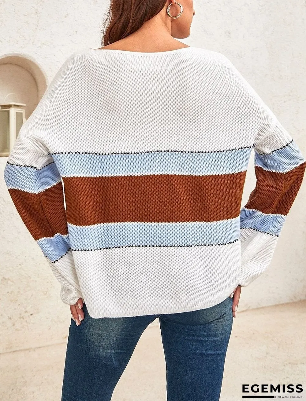 Ladies Color Striped Loose Long Sleeve Sweater | EGEMISS