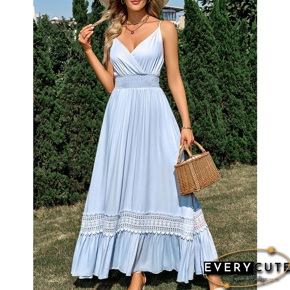 Light Blue Maxi Dress Slim Fit V Neck Maxi Dress