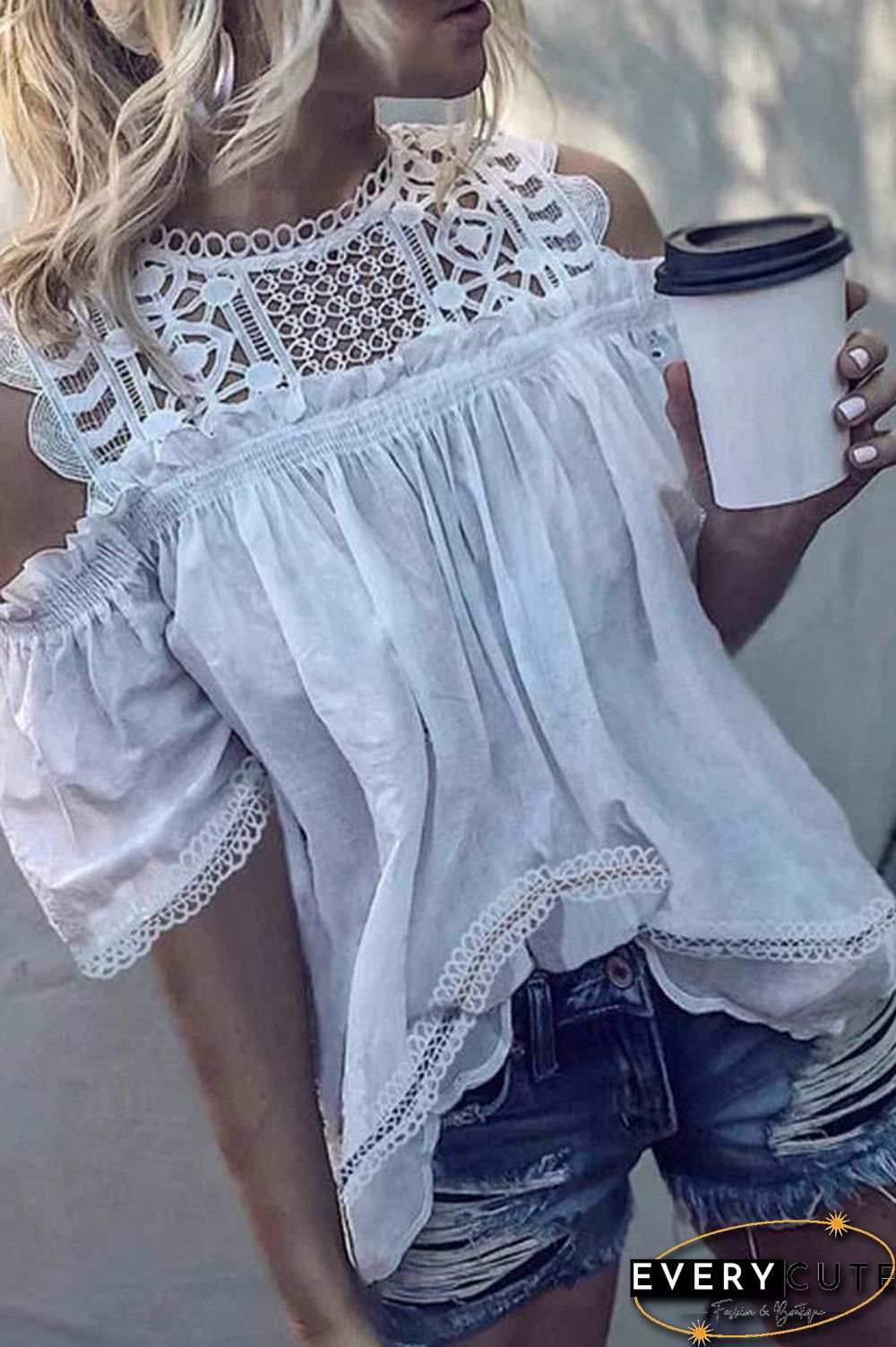 Round Neck Hollow Half Sleeve Blouse (2 Colors) P14423