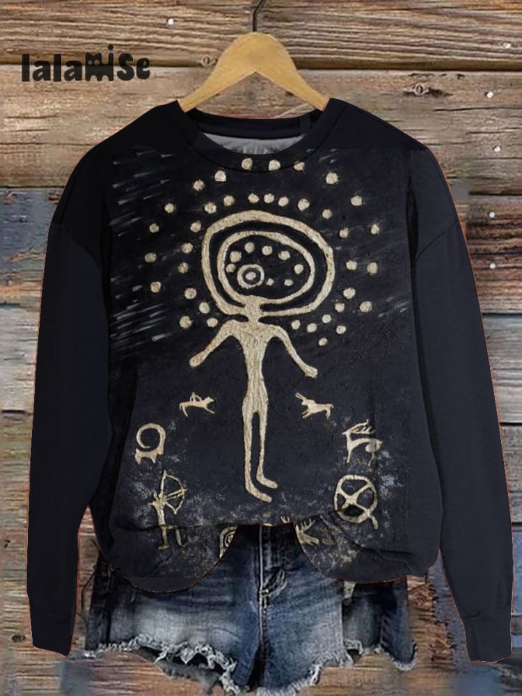 Unisex Retro Art Illustration Print Casual Sweatshirt Black / S
