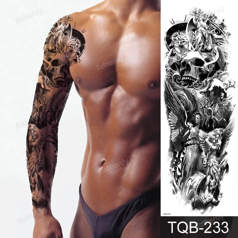 skull sleeve tattoo designs large full arm temporary tattoos for men boy tatoo fake waterproof tiger totem lion dragon pattern