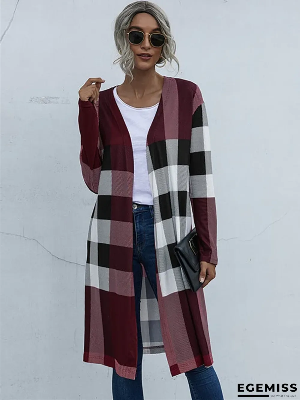 Autumn Women's Plaid Fashion Buttonless Straight Cardigan Coat Women | EGEMISS