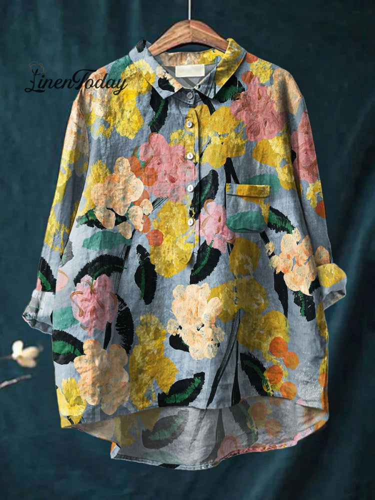 Women&rsquo;s Multicolor Floral Art Print Casual Cotton And Linen Shirt / S