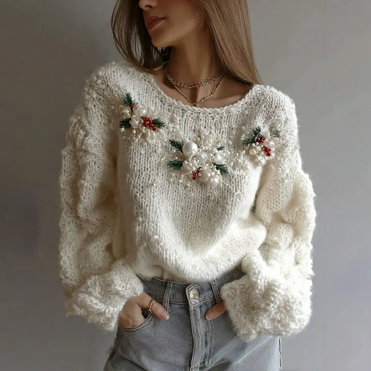 Women's White Christmas Decorations Art Crew Neck Sweater