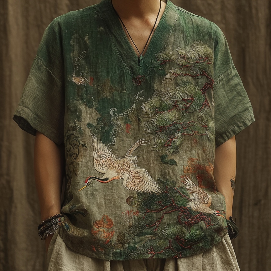 Men's Japanese Cranes & Pine Tree Embroidery Casual V Neck Shirt