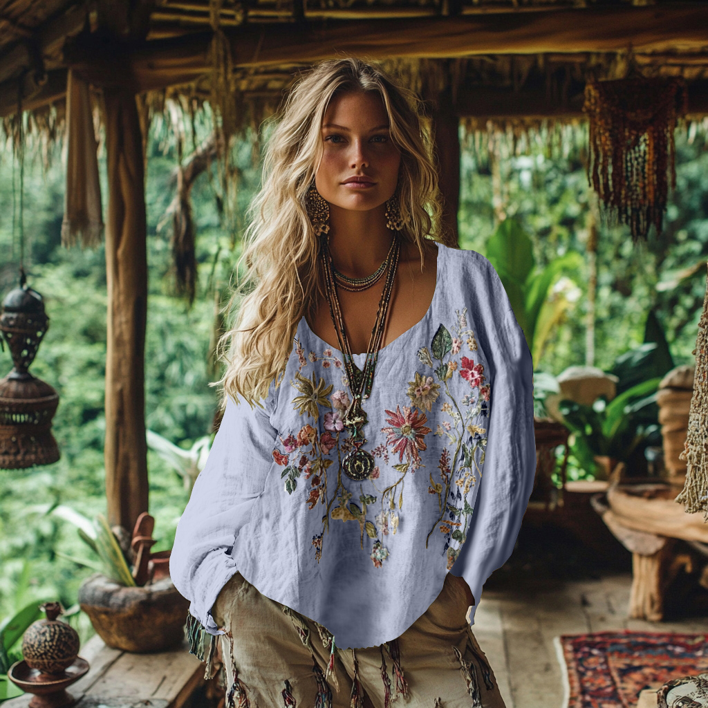 Retro Bohemian Floral Embroidery Art Graphics Cotton And Linen Blend Loose Blouse elevenforest