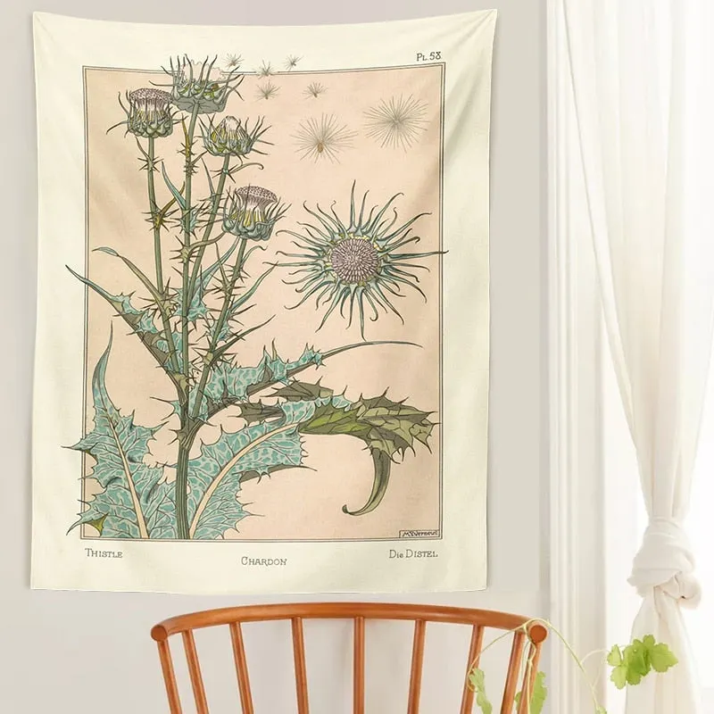 Vintage Botanical Tapestry Wildflower Wall Hanging Nasturtium Thistle Retro flowers Bohemian Tapestries Psychedelic Home Decor