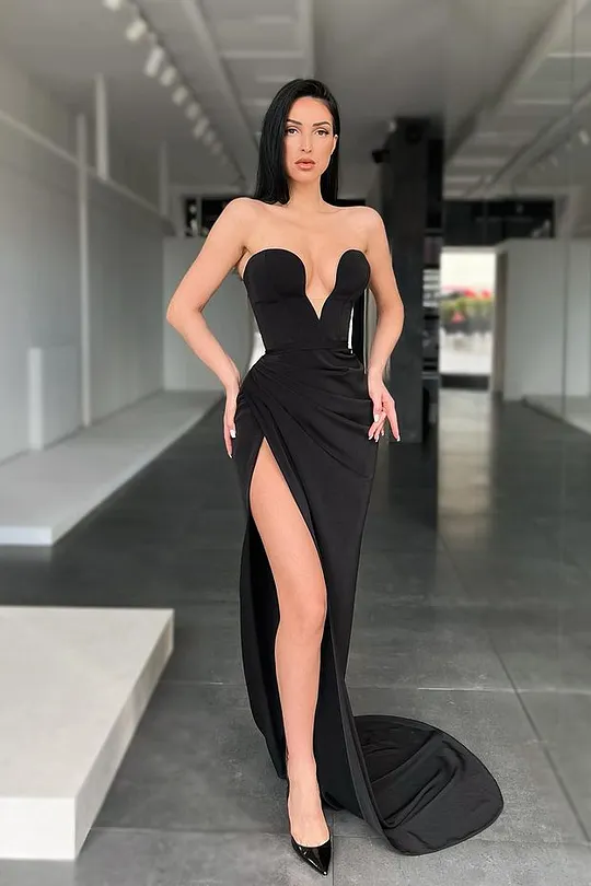 strapless open back dress Dark Navy Lace Sequined Trumpet Court Train Prom Dress main image 0