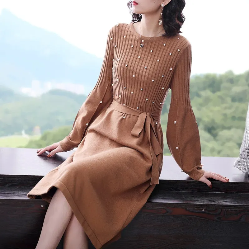 Suofun Casual Loose 2021 Fashion Women Wool Knitted Sashes Beading Knee-Length O-Neck Lantern Sleeve Autumn Women Sweater Dress