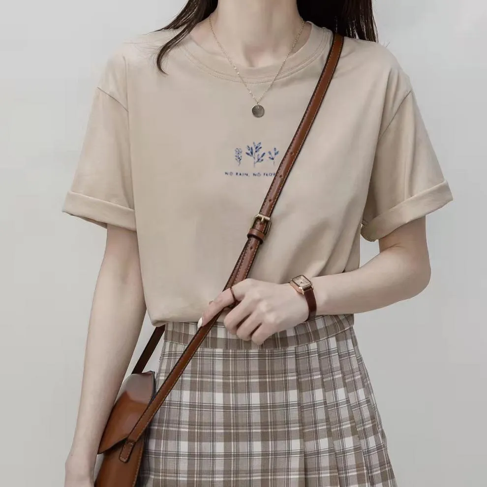 Brownm Brownm Sleeve Korean Round Collar T-Shirt Female 2024 Summer Loose Plant Print Casual Solid Color Student Half Sleeve Top Tide