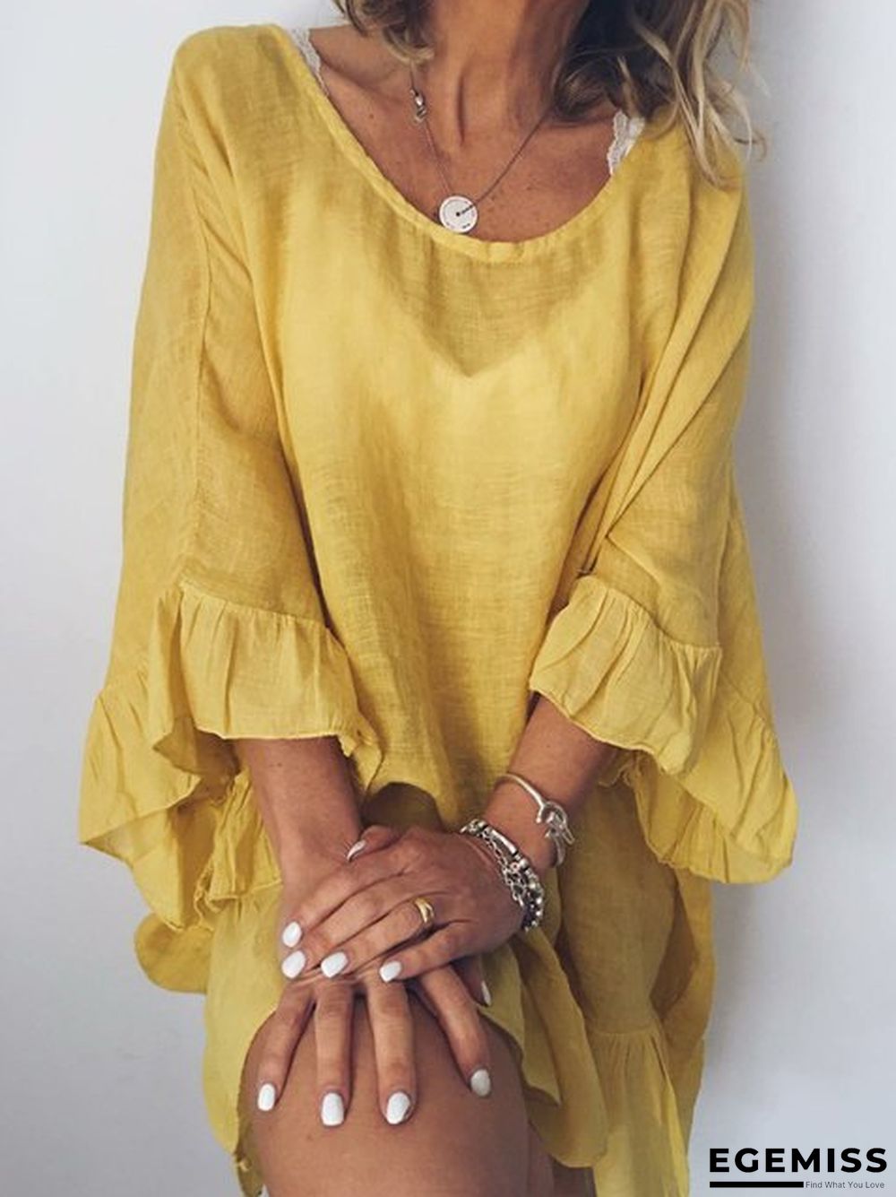 Cotton Solid Color Dress Stitching Lotus Leaf Sleeve Loose Beach Blouse | EGEMISS