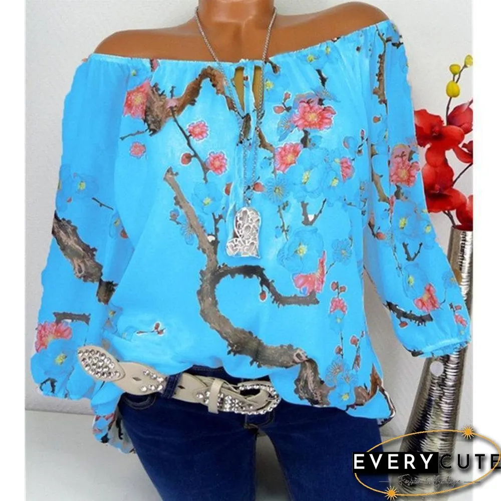 Floral Boat Neckline Long Sleeve Blouses