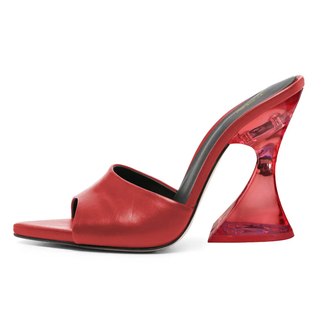 YDN Vegan Leather Open-Pointed-Toe Flared Heeled Mules in Red