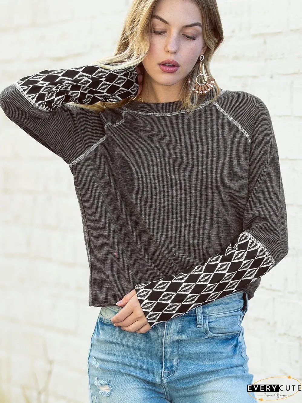 Cozy Gray Aztec Patterned Ribbed Top