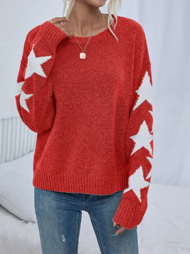Nigikala Nigikala And Winter Women's Knitted Sweater Fashion Pure Color Five-Pointed Star-Colored Collar Collar Sweater