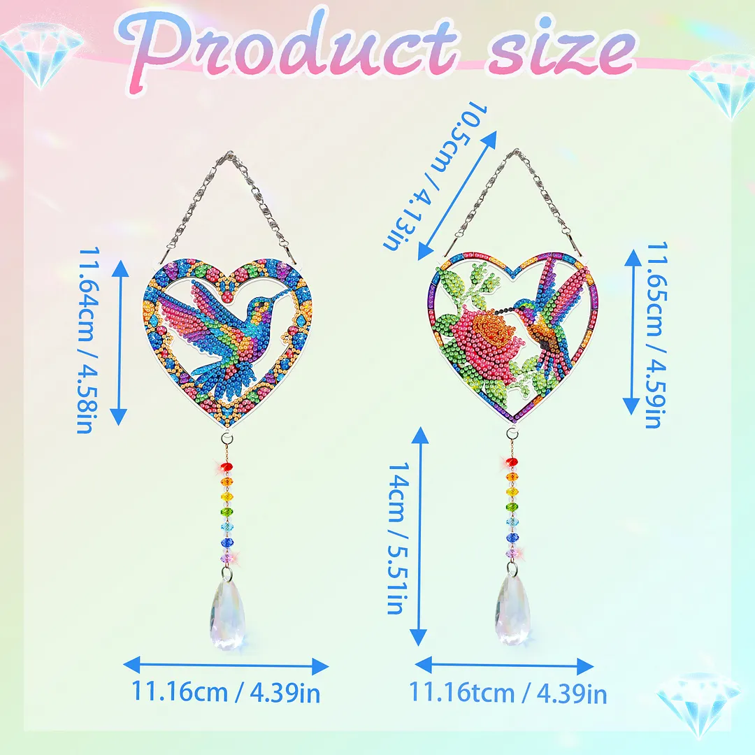 2Pcs Love Hummingbird DIY Acrylic Diamond Painting Art Wind Chimes with Crystal Pendant Diamond Art Hanging Pendant Double-Sided for Adults Beginners Gift Home Garden Decor