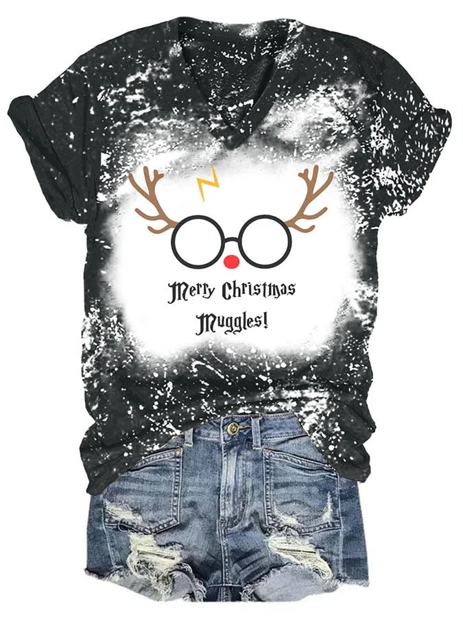 V-neck Christmas Letter Short Sleeve  T-shirt