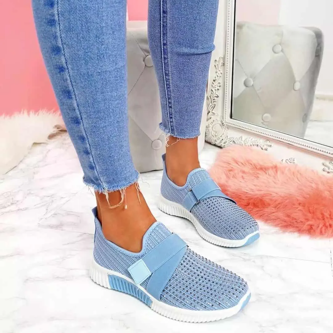 Women Casual Sneakers New Bling Rhinestone Ladies Shoes Slip On Comfortable Sole Running Walking Shoes Female Flat Mesh Shoes