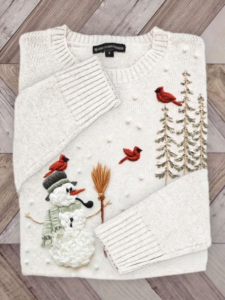 Snowman & Cardinals Snowy Embroidered Cozy Sweater
