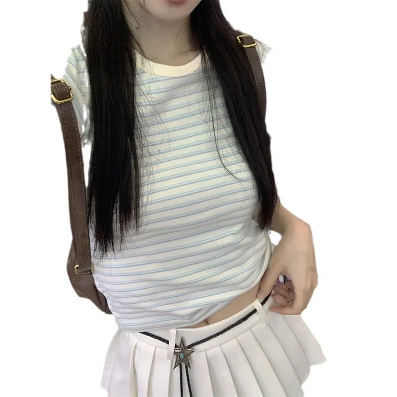 Brownm Brownm Short-Sleeved Striped T-Shirt Female 2024 Summer Hot Girl Slim Slim Bottom Shirt Versatile Student Short Top