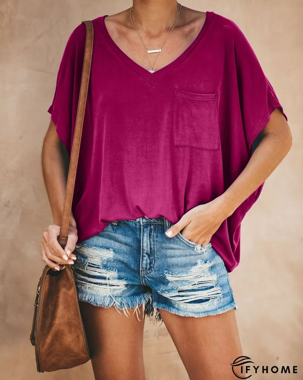 Solid Vacation Loose V Neck Cotton T-Shirts | IFYHOME