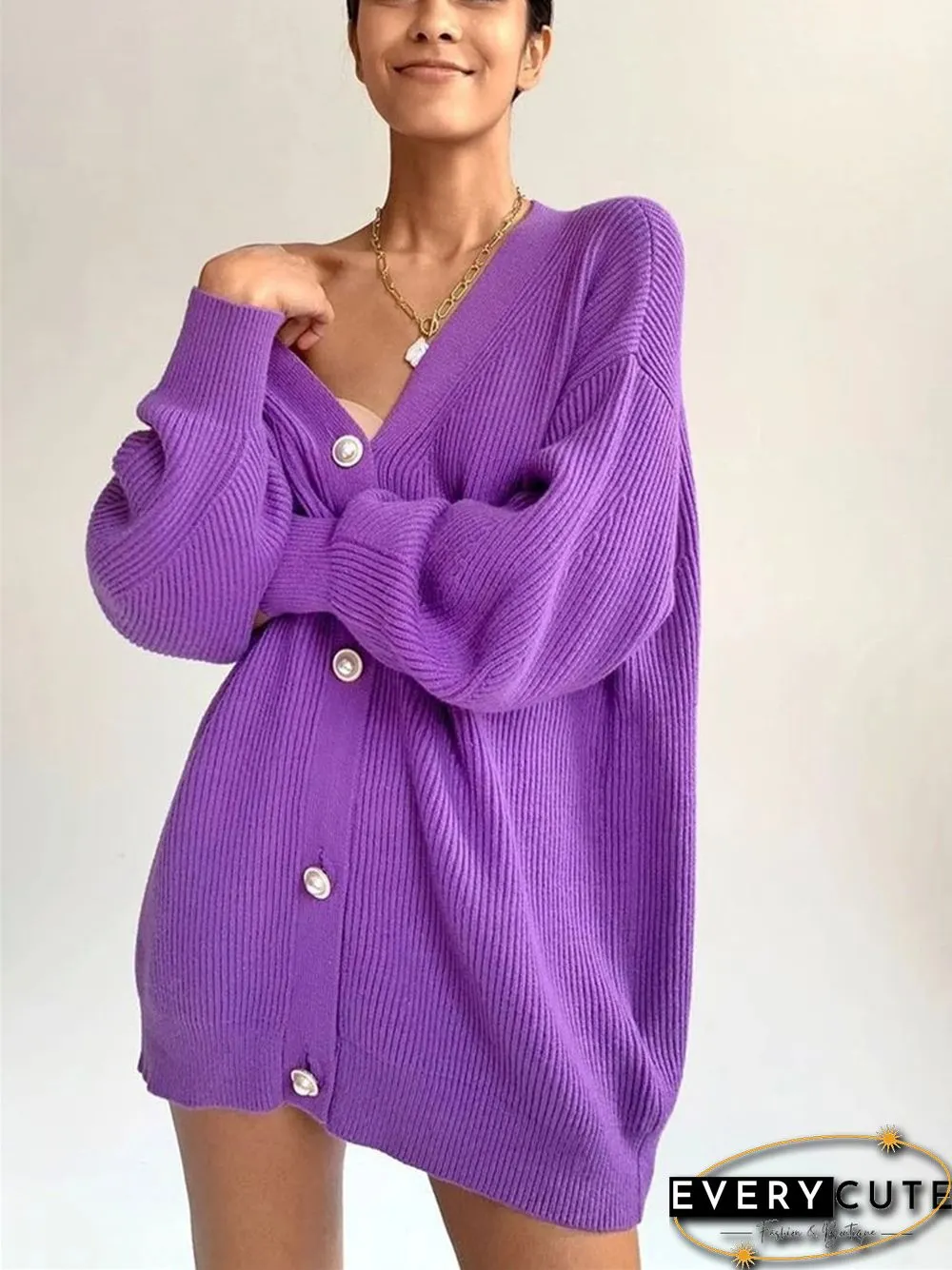 Solid Color V-neck Casual Loose Knit Breasted Cardigan Sweater