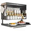 Wall-Mounted Kitchen Storage Cabinet with Pull-Down Double-Layer Shelf Carbon Steel Spice Rack Organizer for Utensils Food Prep & Countertop Organization