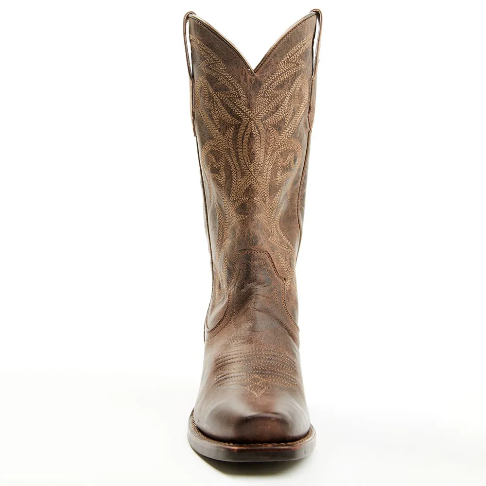Brown Distressed Square Toe Chunky Heel Embroidered Cowgirl Boots