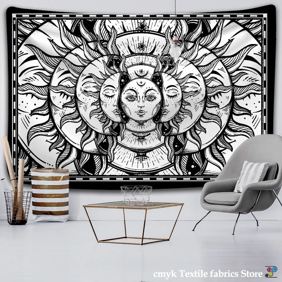 White Black Sun Moon Mandala Tapestry Wall Hanging Celestial Hippie Carpets Dorm Decor Psychedelic Witchcraft Halloween