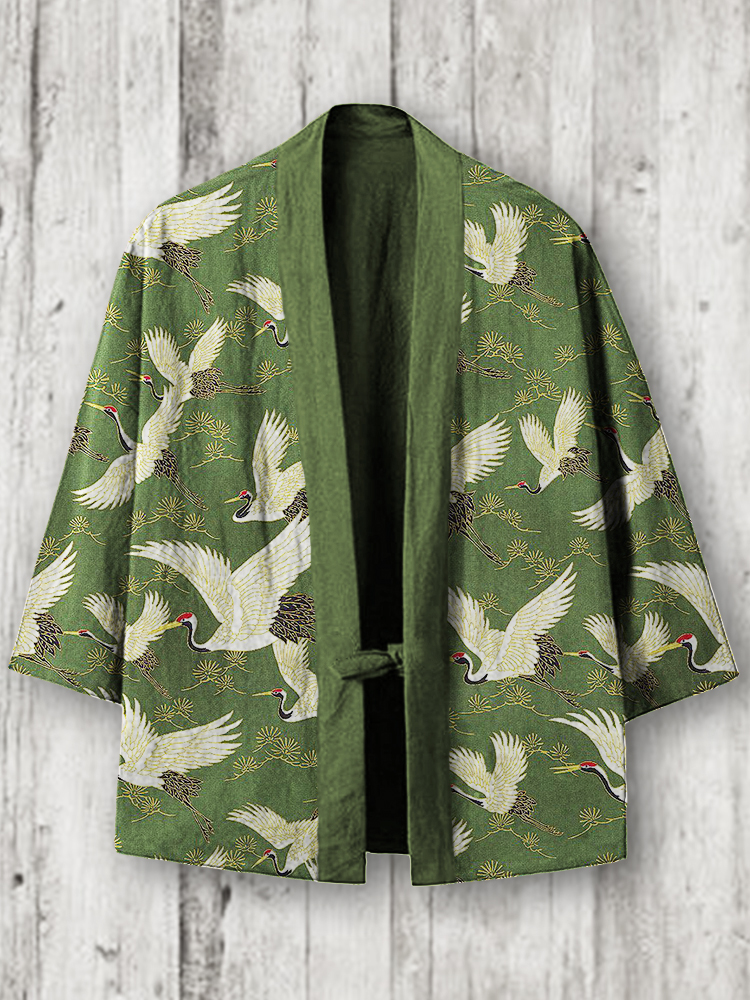 Cranes & Pine Trees Japanese Pattern Flowy Linen Blend Kimono Cardigan  artssus