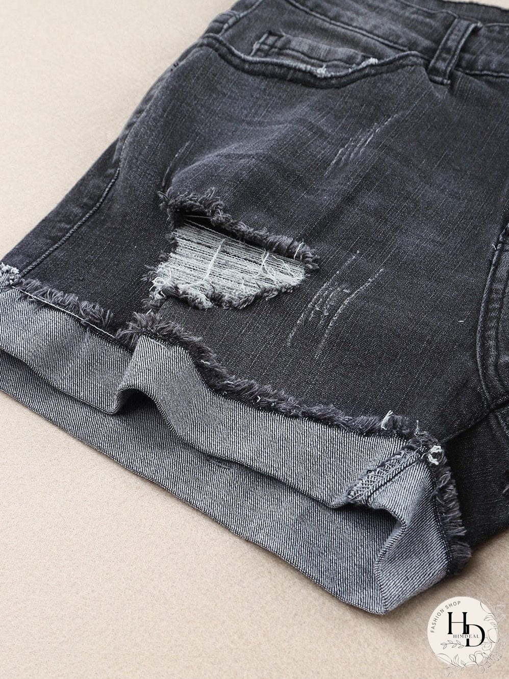 Vintage Chic Distressed Black Denim Shorts with Roll Hem