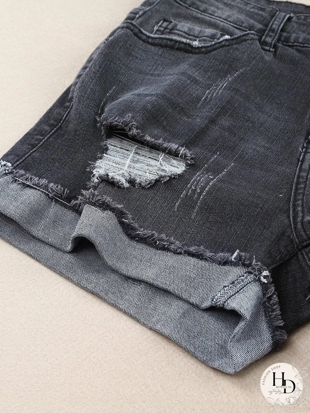 Vintage Chic Distressed Black Denim Shorts with Roll Hem