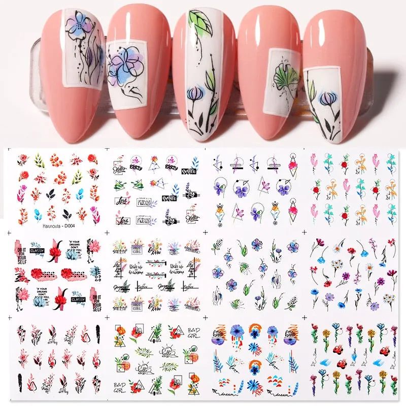 12Pcs Leopard Water Decals Sticker Hollow Floral Flower Leaves Geometry Water Transfer Watermark Foil Slider Decoration