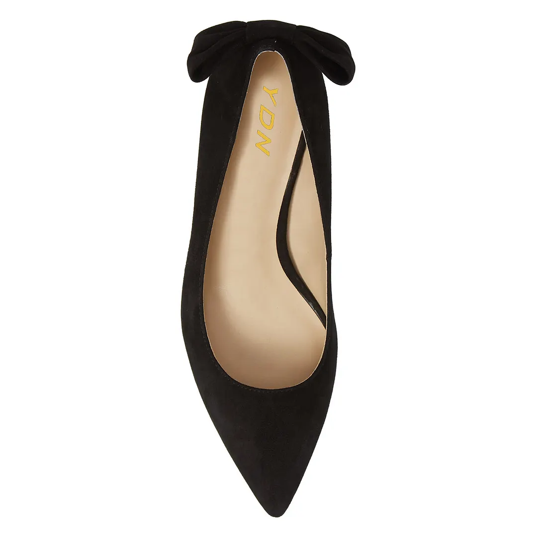 Black Vegan Suede Pointed Toe Slip On Kitten Heel Pumps with Bow