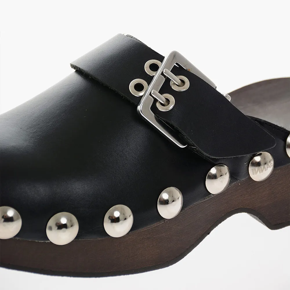 Black Faux Leather Round Toe Platform Studded Mule Heels with Buckle