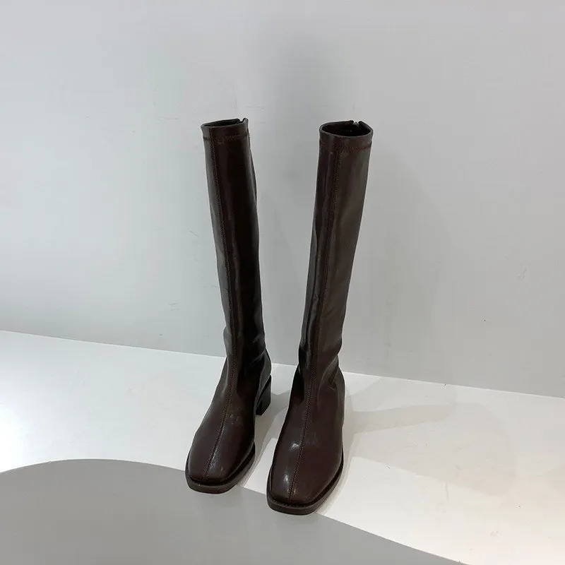2021 INS New Women Knee Boots Lady Winter Designers Square Toe Shoes Thigh High Boots Female Fashion Leather Long Boots Casual