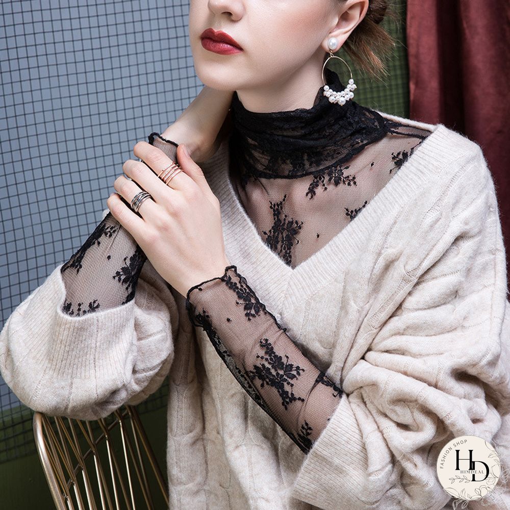 Women Mesh T-shirt Turtleneck Black Lady Lace T-shirt Long Sleeve Autumn Winter Women'sClothing AllMatch Female T-shirts