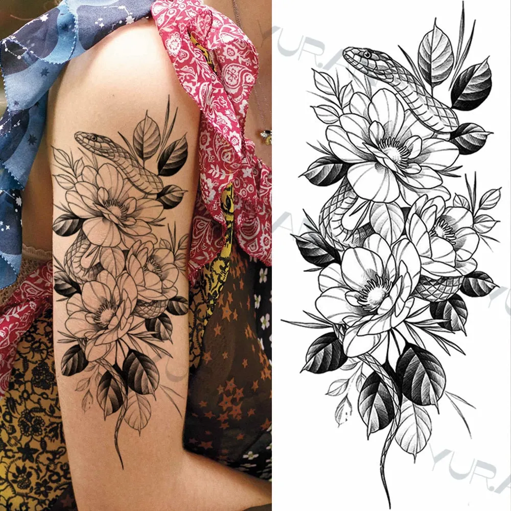 Black Large Snake Flower Fake Tattoo Sticker For Women Dot Rose Peony Temporary Tattoos DIY Water Transfer Tatoos Girls 530