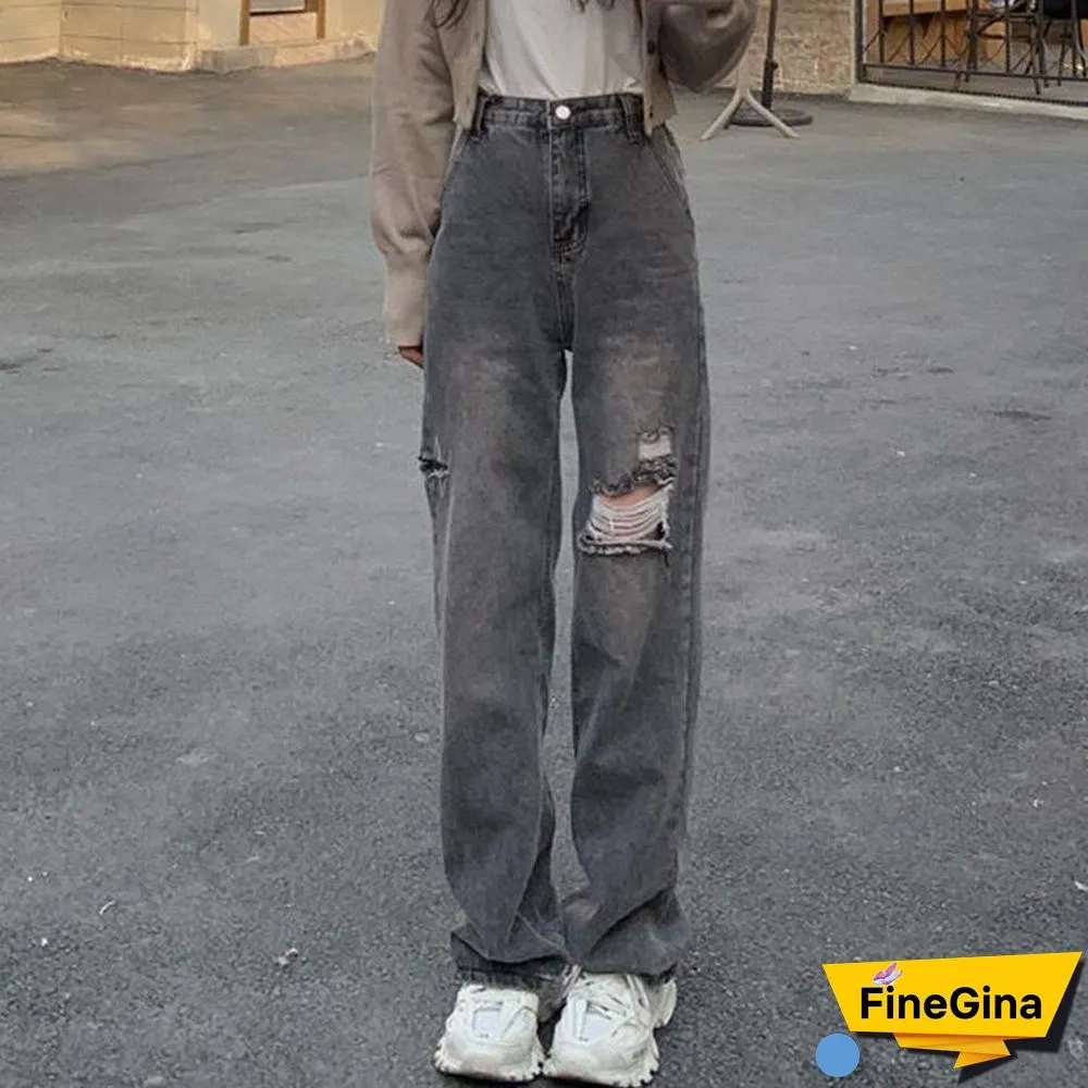 Ripped Jeans New Straight High Waist All-match Distressed Women's Pants Streetwear Loose Wide Legs Women's Fashion Jeans