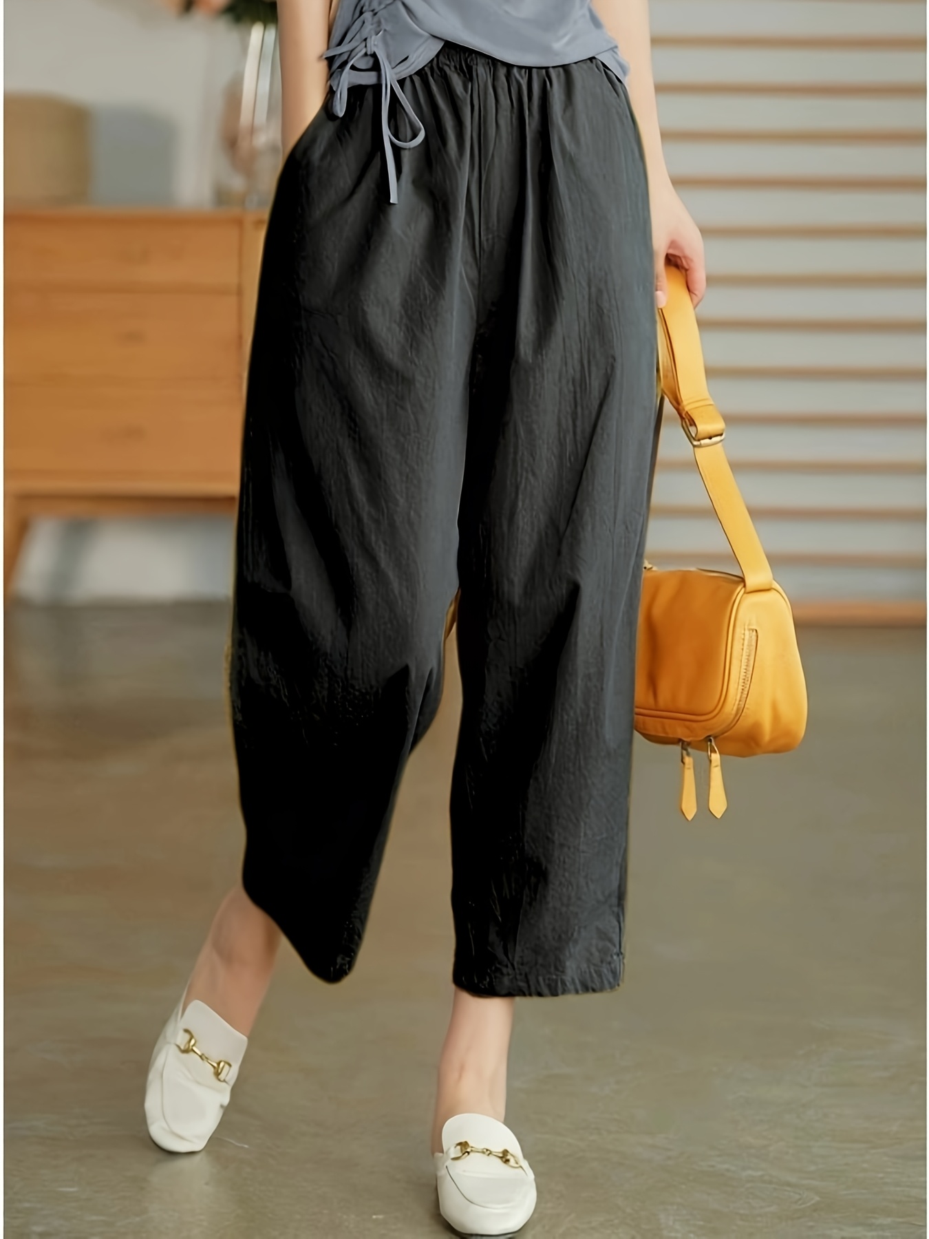 Women's Elegant Solid Color 8/9/10/11/12th Gen Casual Straight Leg Pants, Black, With Pockets, Elastic Waist, Polyester, Perfect For Summer Shopping And Vacation | IFYHOME