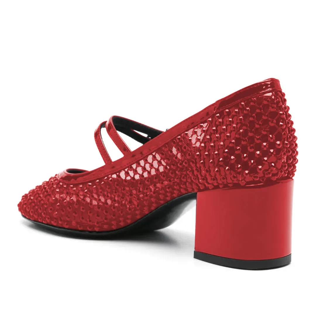 Red Mesh Round Toe Buckle Fastening Strap Mary Janes for Ladies